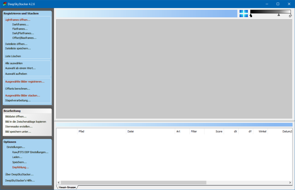 Deep Sky Stacker - Oberfläche