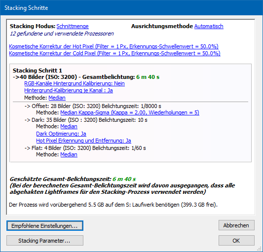 Deep Sky Stacker - Einstellungen zum Stacken